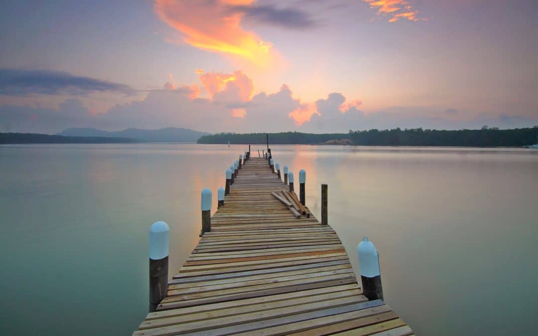 brown wooden footbridge on body of water during sunrise